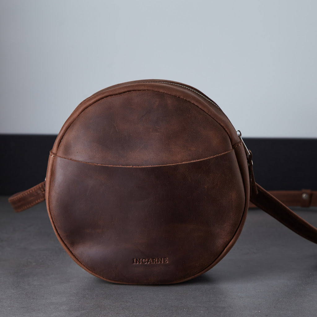 New Harley round crossbody bag in Crazy Horse leather